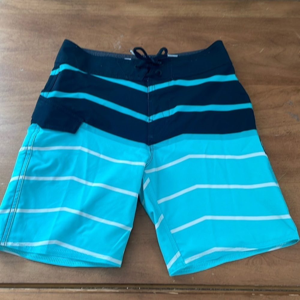 VOLCOM Boys Striped Board Shorts Size 25 Swim Trunks Blue Mod-Tech